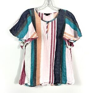J. Crew Multicolored Striped 100% Linen Short Ruffle Sleeve Top Size 6 Summer